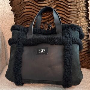 UGG Black Suede Shearling Trim Tote